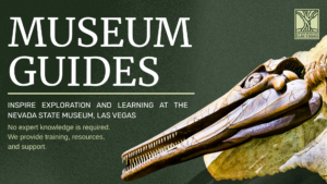 A museum guide poster features a large fossilized skull, text promoting Nevada State Museum guides, and a green logo in the top right corner. The background is green, and the text highlights training and support for guides.
